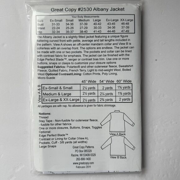 Great Copy Sewing Patterns #2530 ALBANY JACKET Sewing Pattern XS-XXL (B 31"-49) - Picture 3 of 3